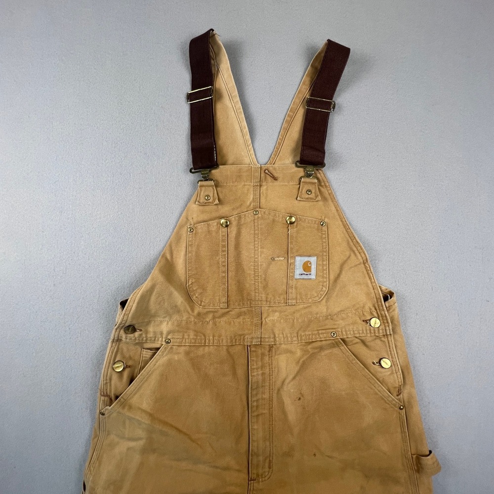 Carhartt Bib Overalls Mens 38x30 Brown R01 BRN Double Knee Workwear Distressed